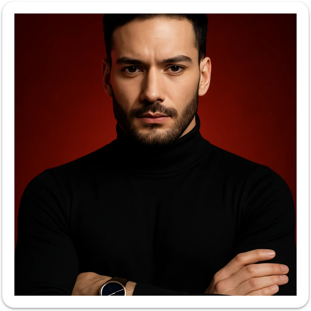 Create an ultra-realistic, high-detail, 4K editorial portrait of the person in the reference image. Emphasize sharp features, flawless fair skin, sleek black hair, and a black turtleneck. The person has arms crossed and wears a wristwatch with a blue dial and brown strap. The background is a bold red gradient with dramatic cinematic lighting. The composition is symmetrical and minimal. This is variation 7. sticker