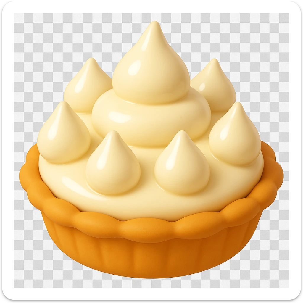 Frame 7 of 15: Cream pie with six cream droplets, playful 3D emoji style, golden brown crust, same angle as reference sticker