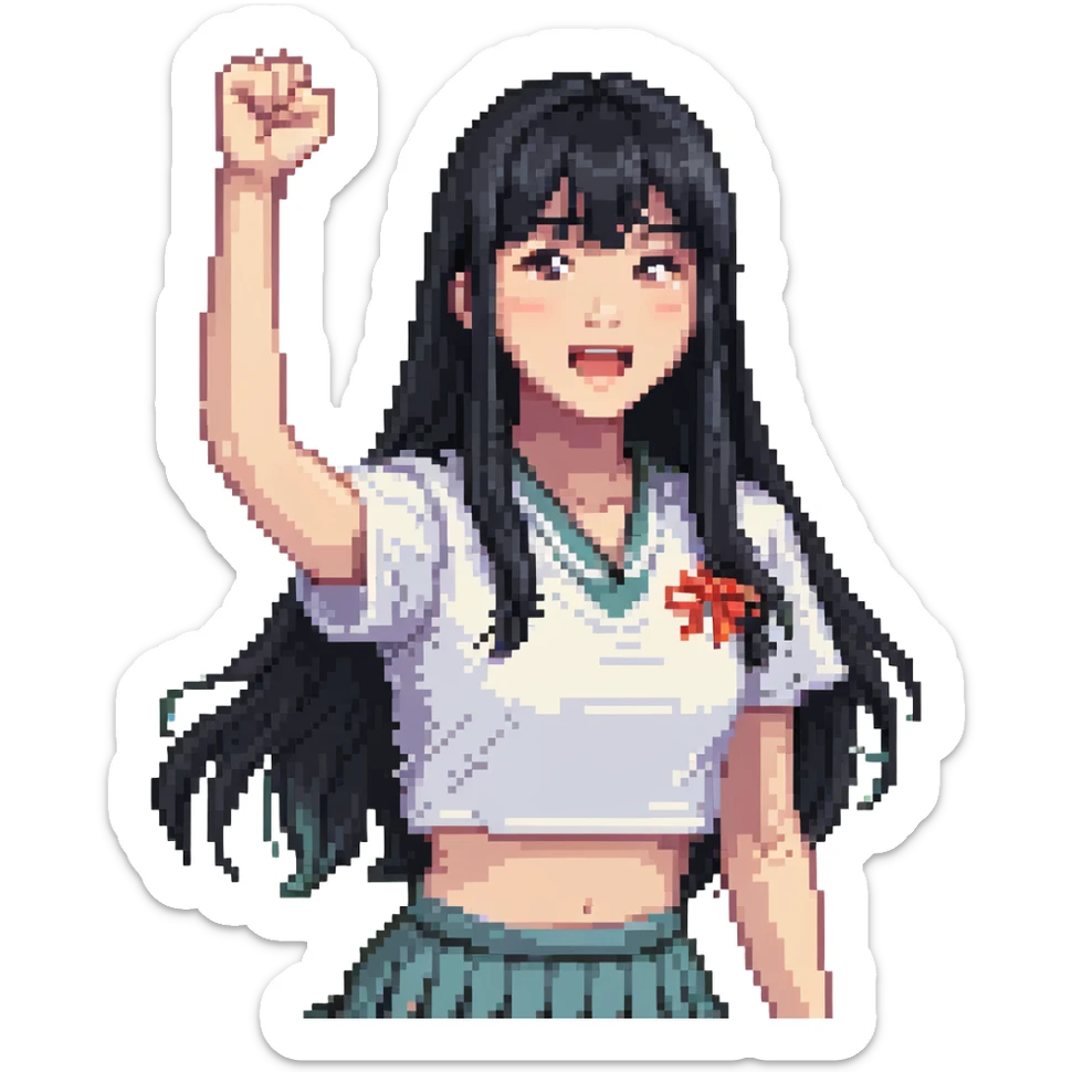 East Asian woman with long black straight hair and bangs cheering for Doosan Bears baseball team sticker