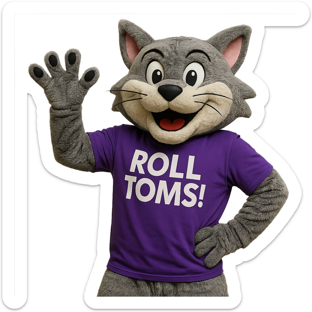 Tommie the Tomcat, University of St. Thomas mascot, in a purple t-shirt with 'Roll Toms!' text, waving and looking energetic sticker