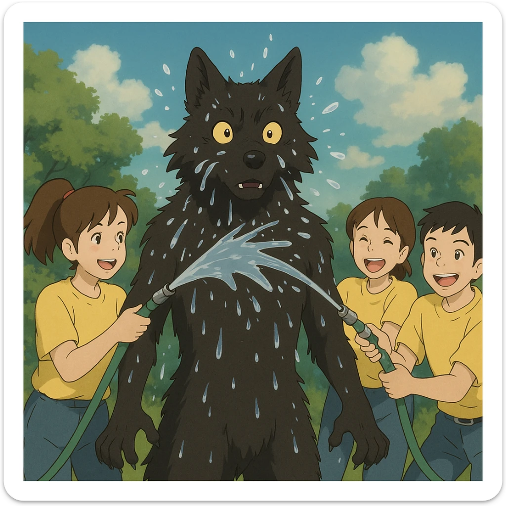 people in yellow shirts spraying water on an anthro black wolf in ghibli style sticker