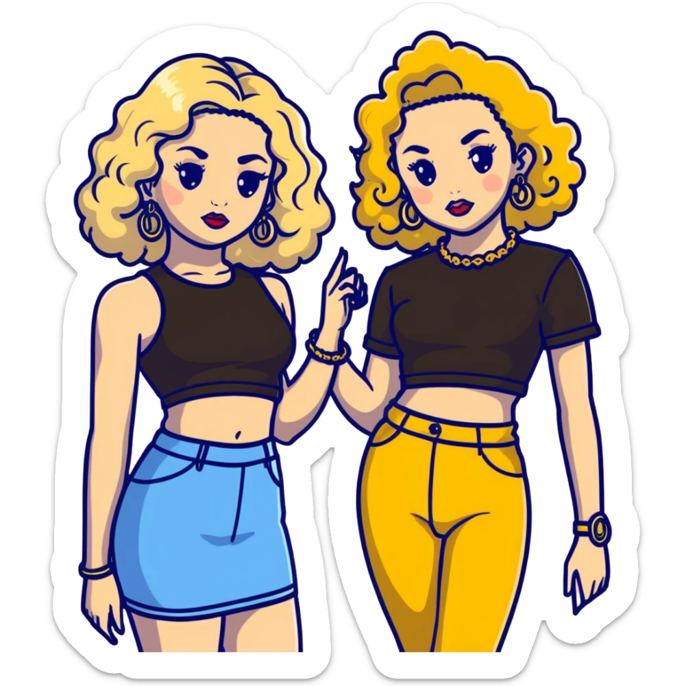 Full body of two teenage girls standing together, one white with straight blonde hair and one brown-skinned with curly dark hair, both with heavy makeup, big lips, crop tops, gold jewelry and flashy choni style outfits sticker