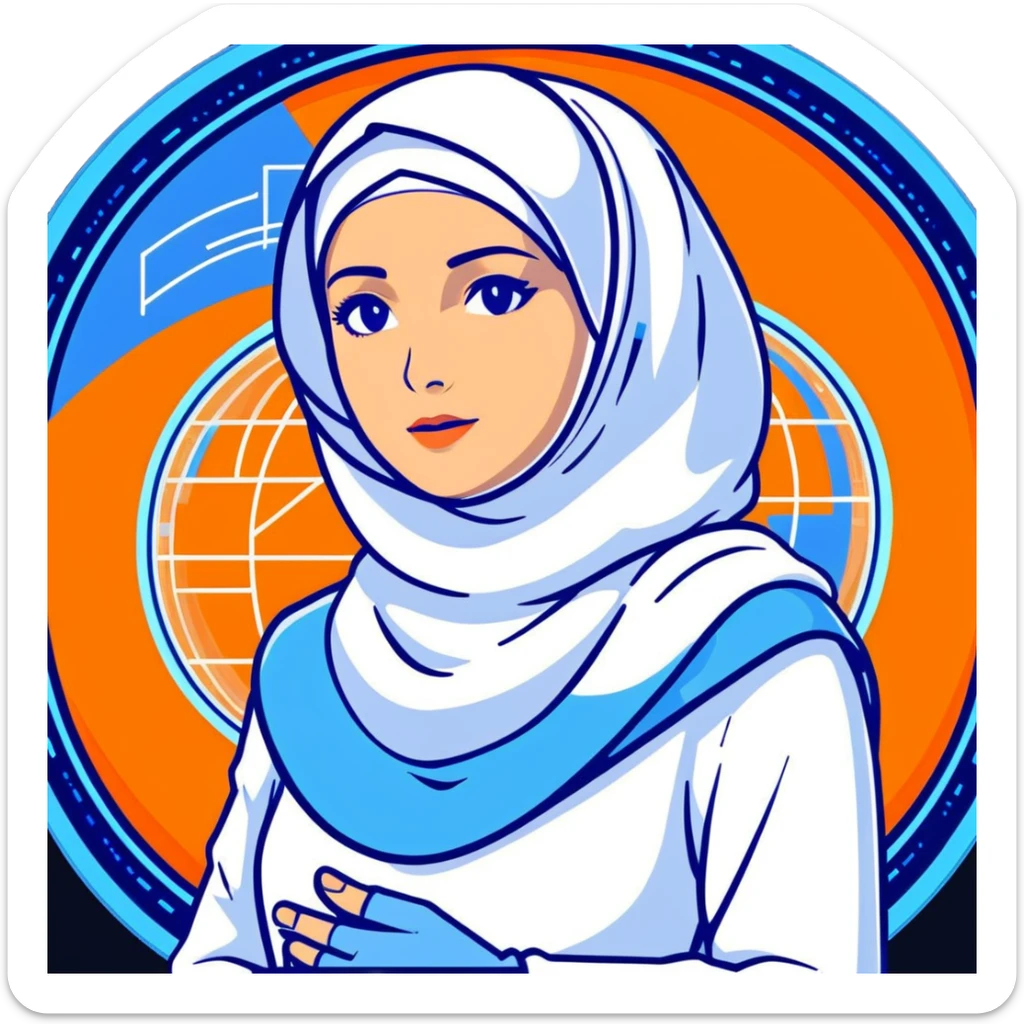 woman with white hijab in blue outfit, gazing forward, encircled by futuristic holographic screens displaying AI visualizations, quantum data patterns, circuit networks, high-tech metaverse elements sticker