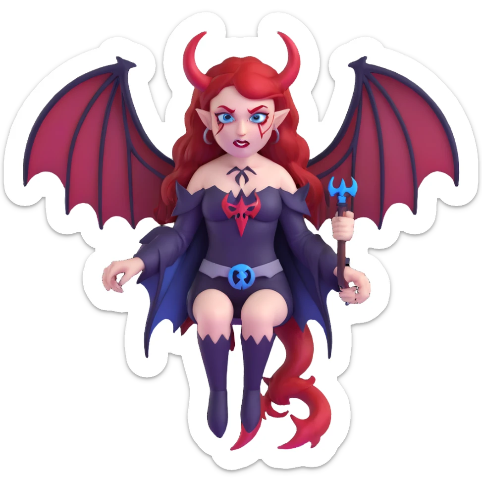 extremely diabolical demon girl with massive bat wings, blood red hair, sinister glowing blue eyes, dark hellish aura, sharp horns, fangs, pentagram sticker