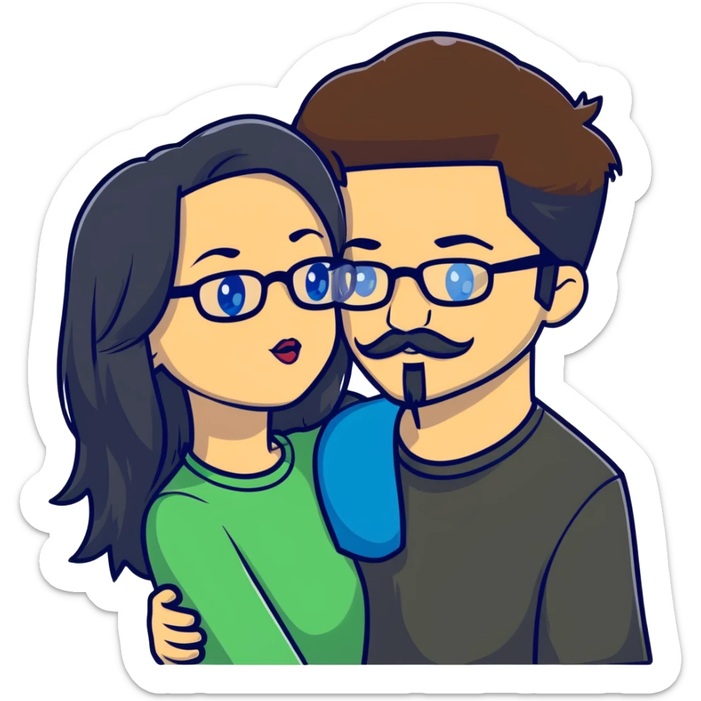 genera due fidanzati che si baciano, lei ha i capelli lunghi neri con occhi azzurri/verdi, mentre lui ha capelli castani con occhiali, baffo e pizzetto sticker