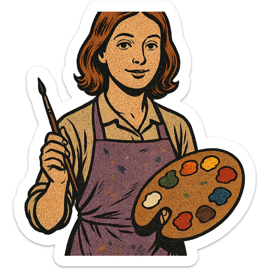 Serene female oil painter, Caucasian features, shoulder-length auburn hair, soft brown eyes, gentle smile, wearing a violet painter’s apron lightly stained with paint over a beige blouse, holding a wooden palette with vibrant colors in one hand and a brush in the other, waist-up, front-facing sticker