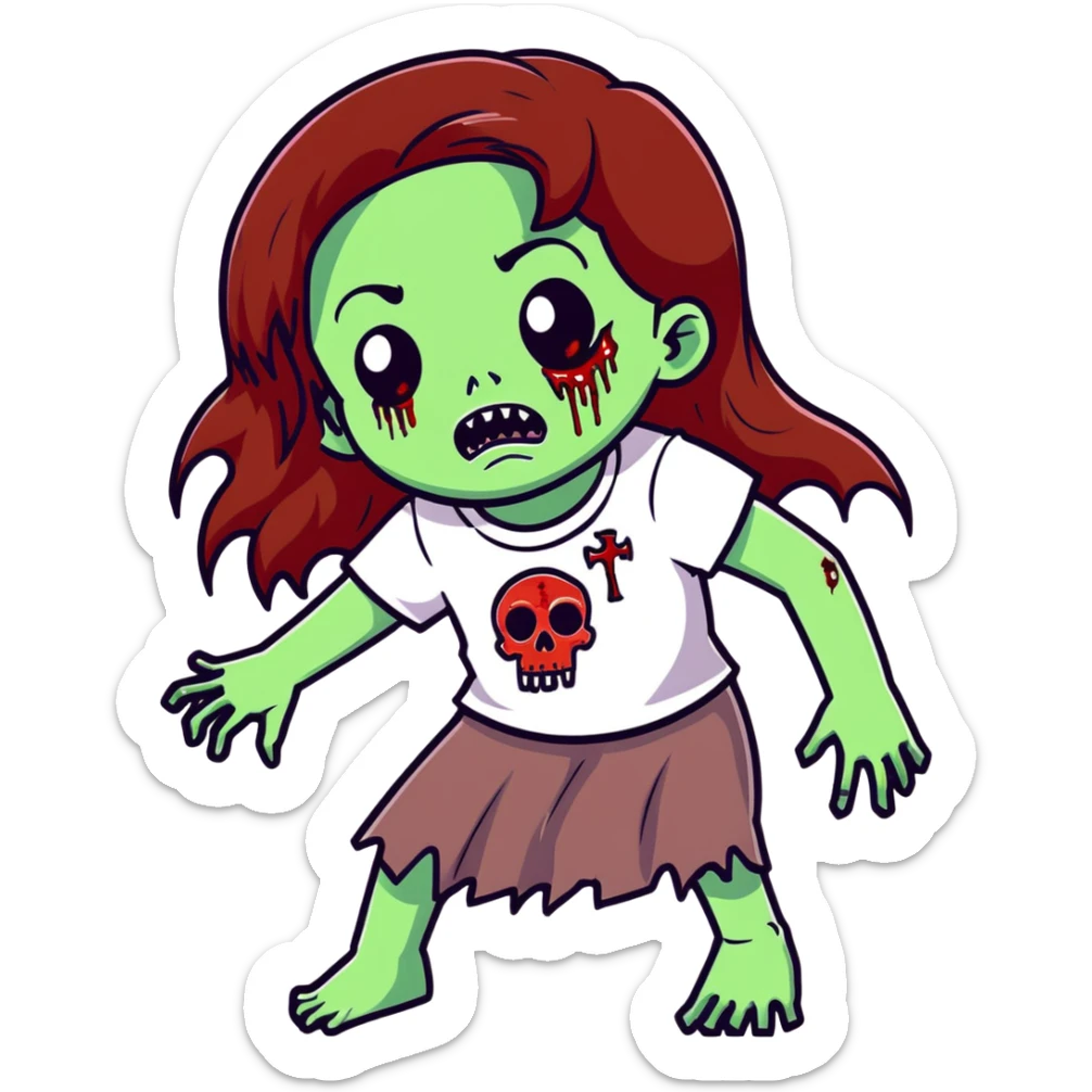 Girl zombie with long flowing brown hair, decaying pale green skin, and creepy undead expression sticker