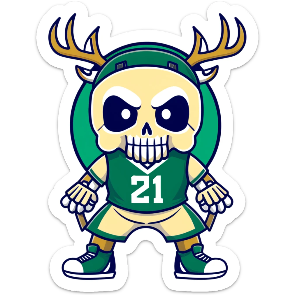cool skull in Milwaukee Bucks basketball team colors (dark green, cream, and blue) sticker