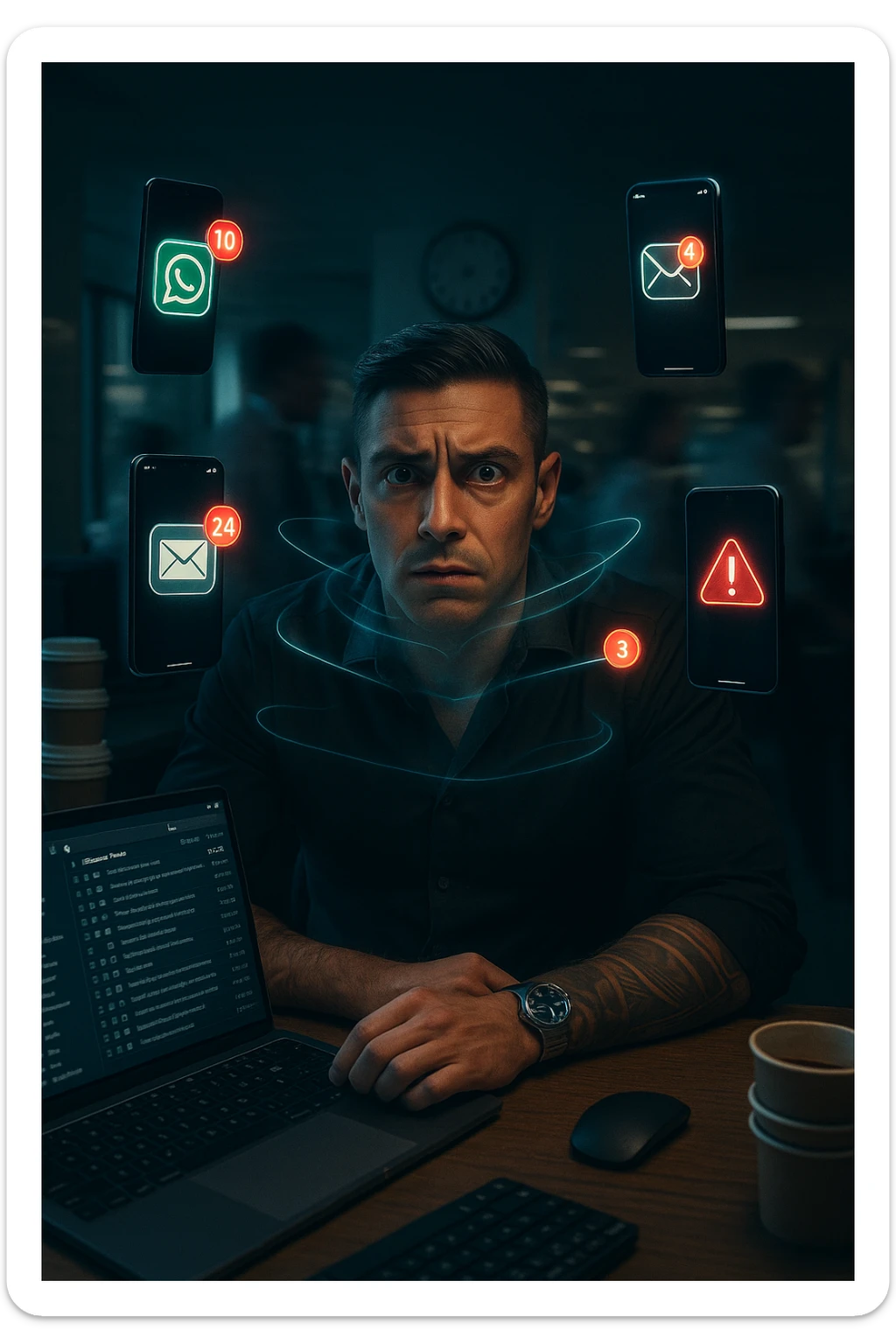 A highly realistic, cinematic portrait of a young man in his early 30s with a tired, tense expression, sitting at his modern office desk surrounded by multiple smartphones with glowing notification bubbles (WhatsApp, emails, alerts) hovering around him like aggressive neon icons. His posture is hunched, shoulders raised, eyes slightly wide, and jaw clenched, representing constant hyper-vigilance and stress. The environment is a cold, cluttered workspace with a laptop displaying endless emails and Slack notifications, coffee cups stacked nearby, and a clock showing late hours, symbolizing the relentless pace of modern work life. Behind him, ghostly blurred figures rush by in a fast-motion effect, representing the constant rush and societal pressure. A faint, tight grey aura wraps around his chest and head, symbolizing blocked breathing and mental tension, while faint blue light tries to push through, representing the body’s desire to find calm. The lighting is harsh and cool, with a 35mm hyperrealistic film style, shallow depth of field focusing on the man’s stressed face and the floating notifications, illustrating the modern trap of always being on alert. sticker