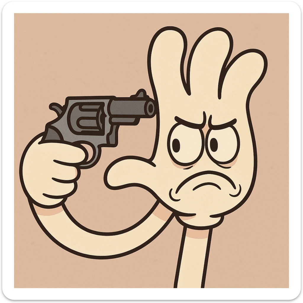 cartoon hand holding a gun to its own head, expressive, no blood, simple background sticker