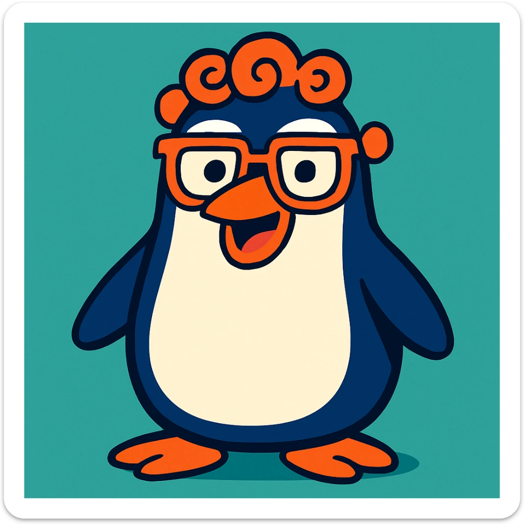 colorful illustration of a penguin with curls on the head, glasses, and a funny appearance sticker
