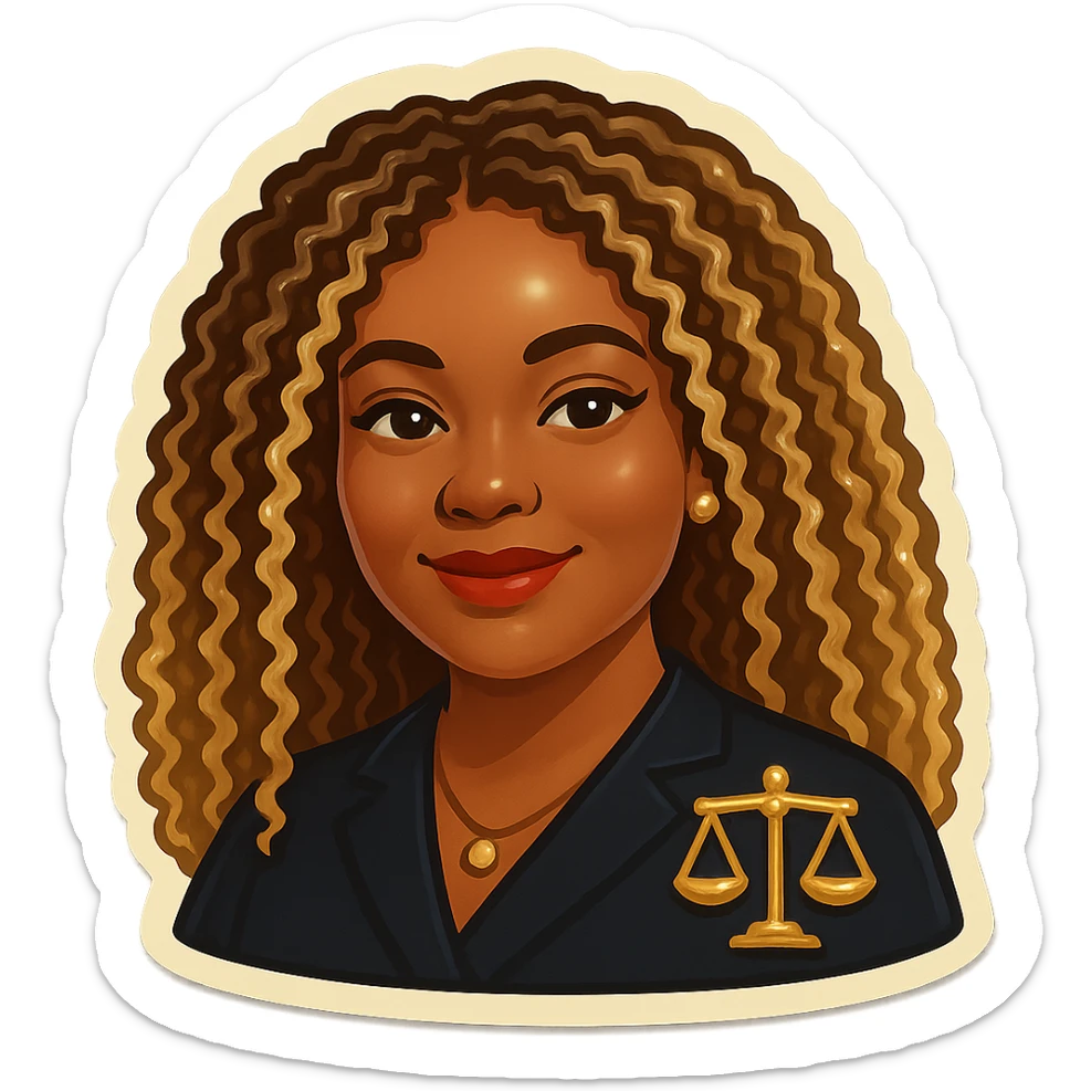 Transform into an emoji of a black female face with blonde hair blended with highlights and brown tones, serene, confident and welcoming expression. Wearing a dark professional outfit with a subtle justice symbol (stylized scale) either in the background or on the clothing. Include a maternal detail such as a delicate pendant, subtle earrings or a discreet hair accessory. Transparent background. sticker