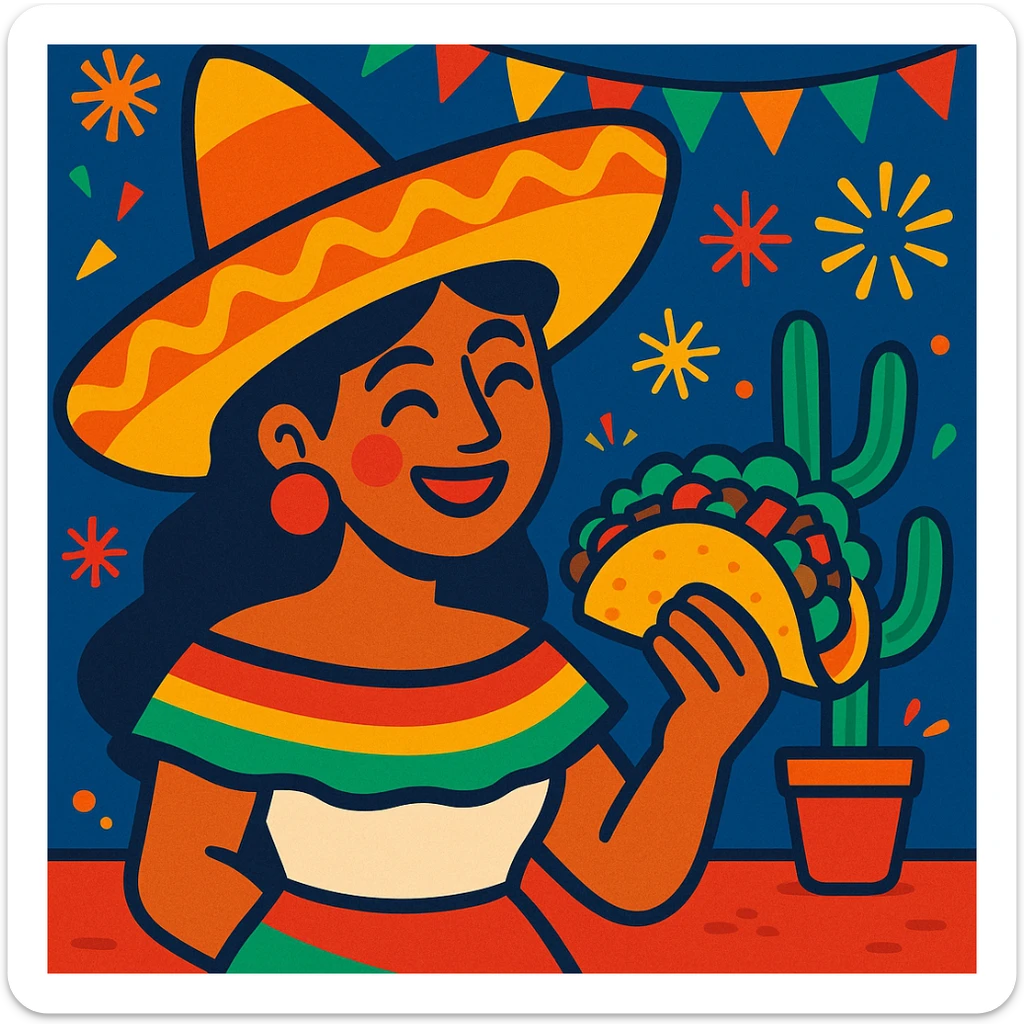 Mexican woman with a big sombrero, holding a taco, fiesta background, playful and fun sticker