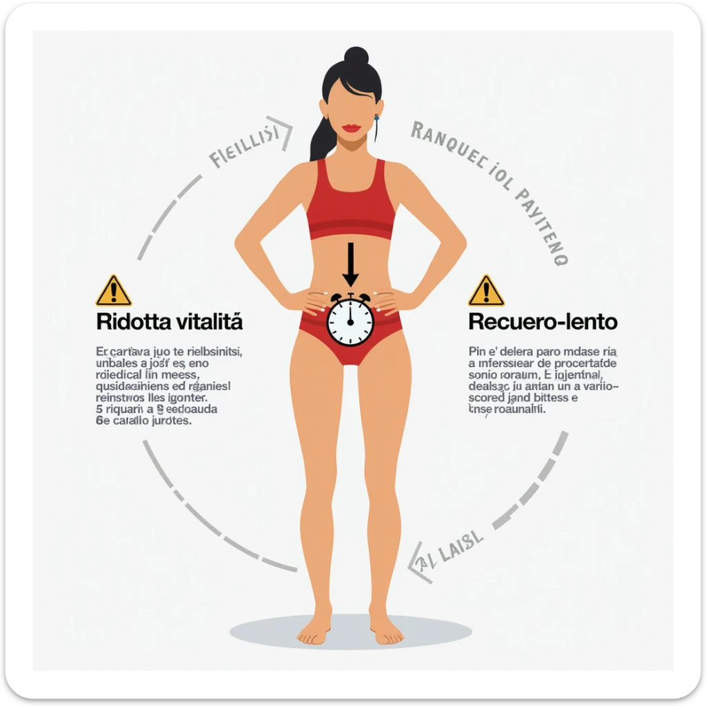 realistic infographic in Italian: athlete with clock symbol and downward arrow in pelvic area, captions 'Ridotta vitalità' and 'Recupero lento', warning icons, white background sticker