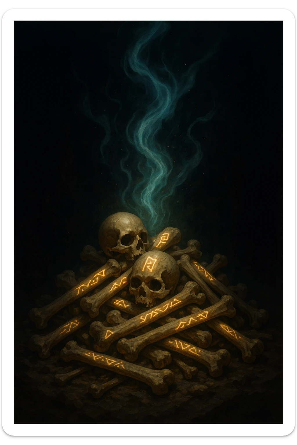 a pile of ancient bones with glowing runes, ethereal energy swirling above, magical atmosphere sticker