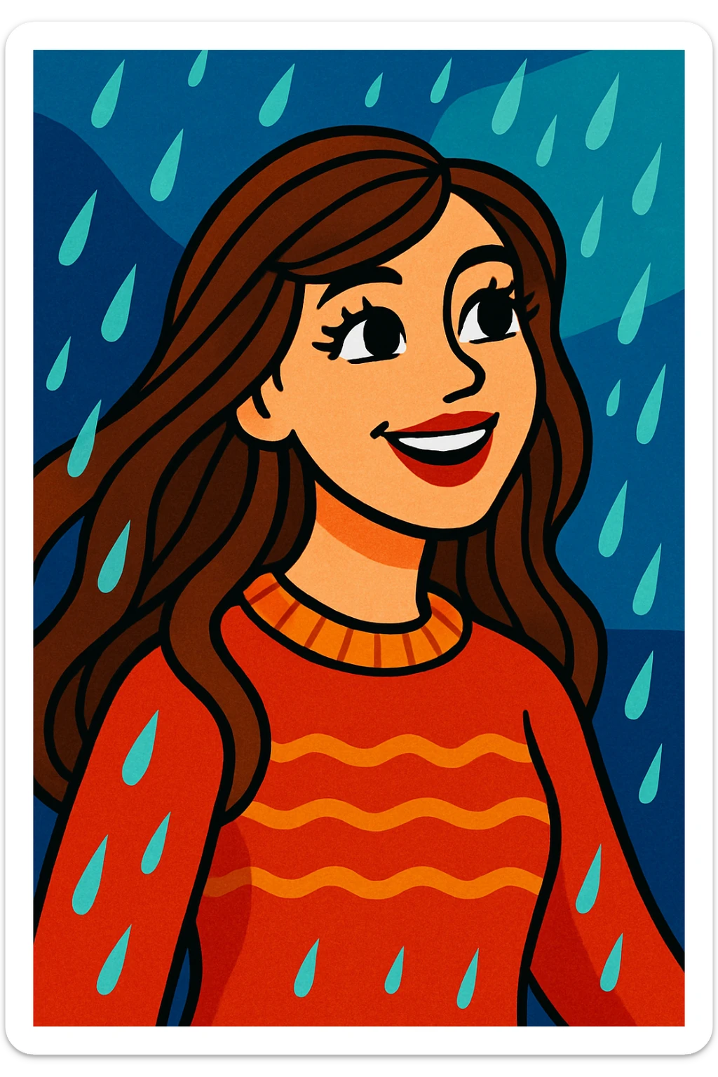white woman with long brown hair and brown eyes, wearing a sweater, smiling in the rain, with long eyelashes and red lips, in a vibrant cartoon style sticker
