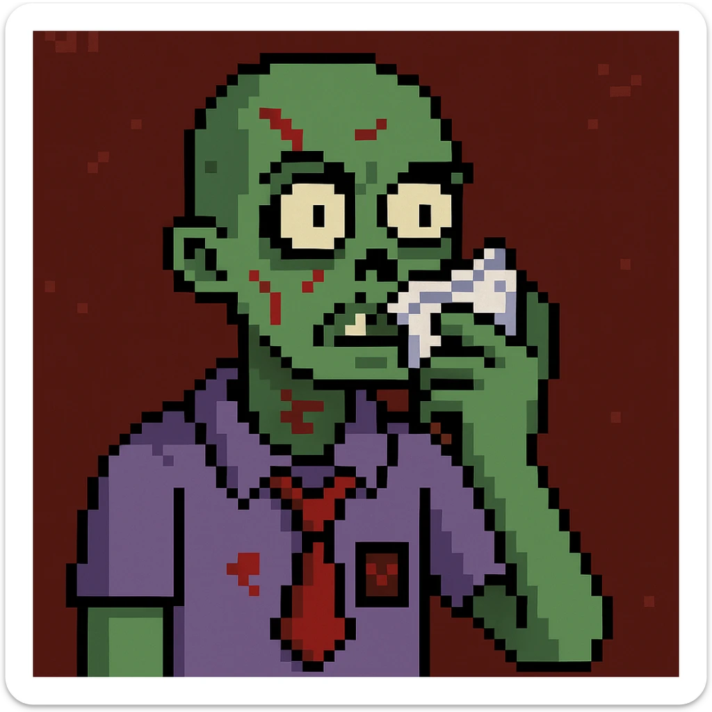 A zombie sniffing white powder with a background in the style of a pixel art sticker