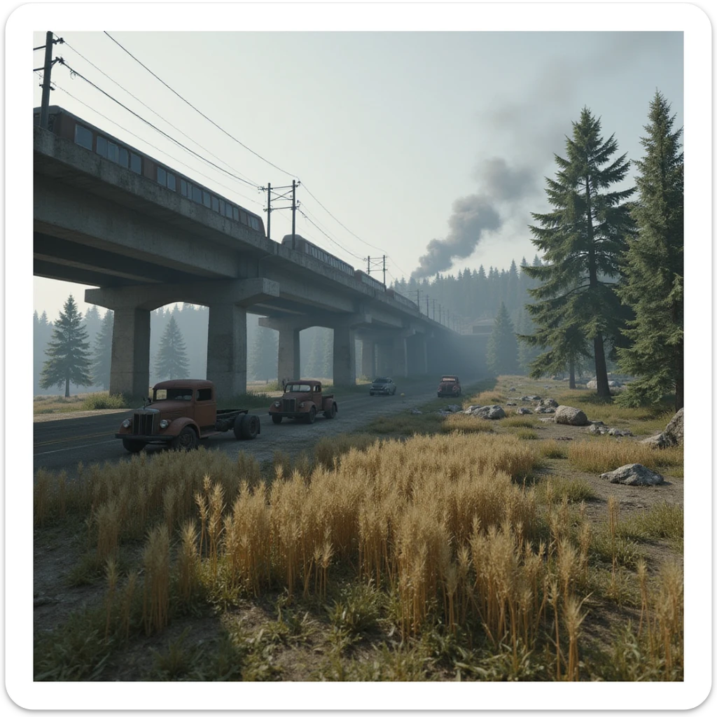  a screenshot of a location in a videogame  the image of the scene consists of:  [above-ground train freeway partially collapsed], a wooded area, a small field of wheat. distant smoke. tall concrete walls, derelict vintage work trucks, more distant smoke. polluted and war-torn sticker