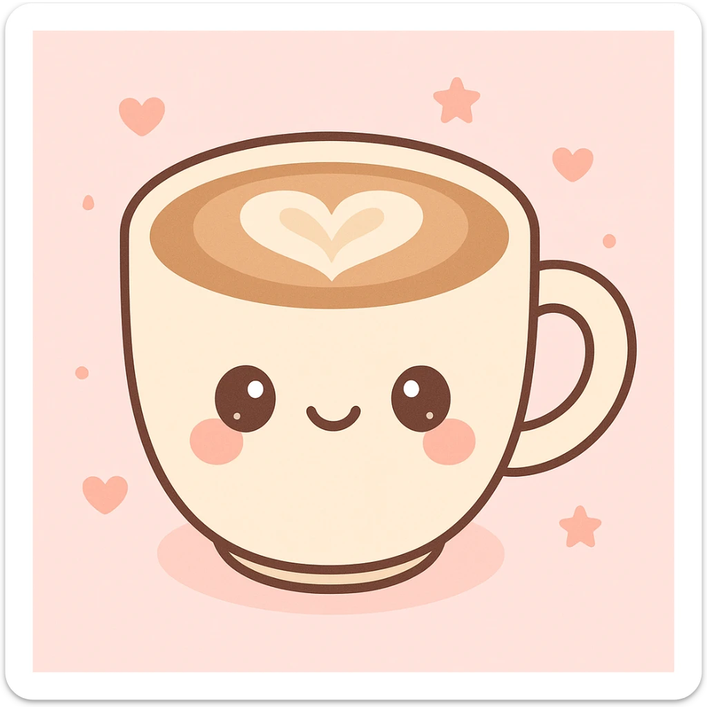 cafe latte with latte art print, kawaii style, cute face sticker
