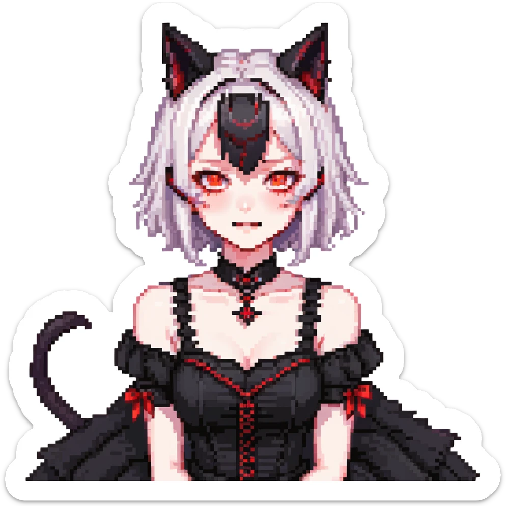 neko anime girl emoji, gothic black dress, glowing red eyes, fanged smirk, pale skin, cat ears, dark vibe sticker