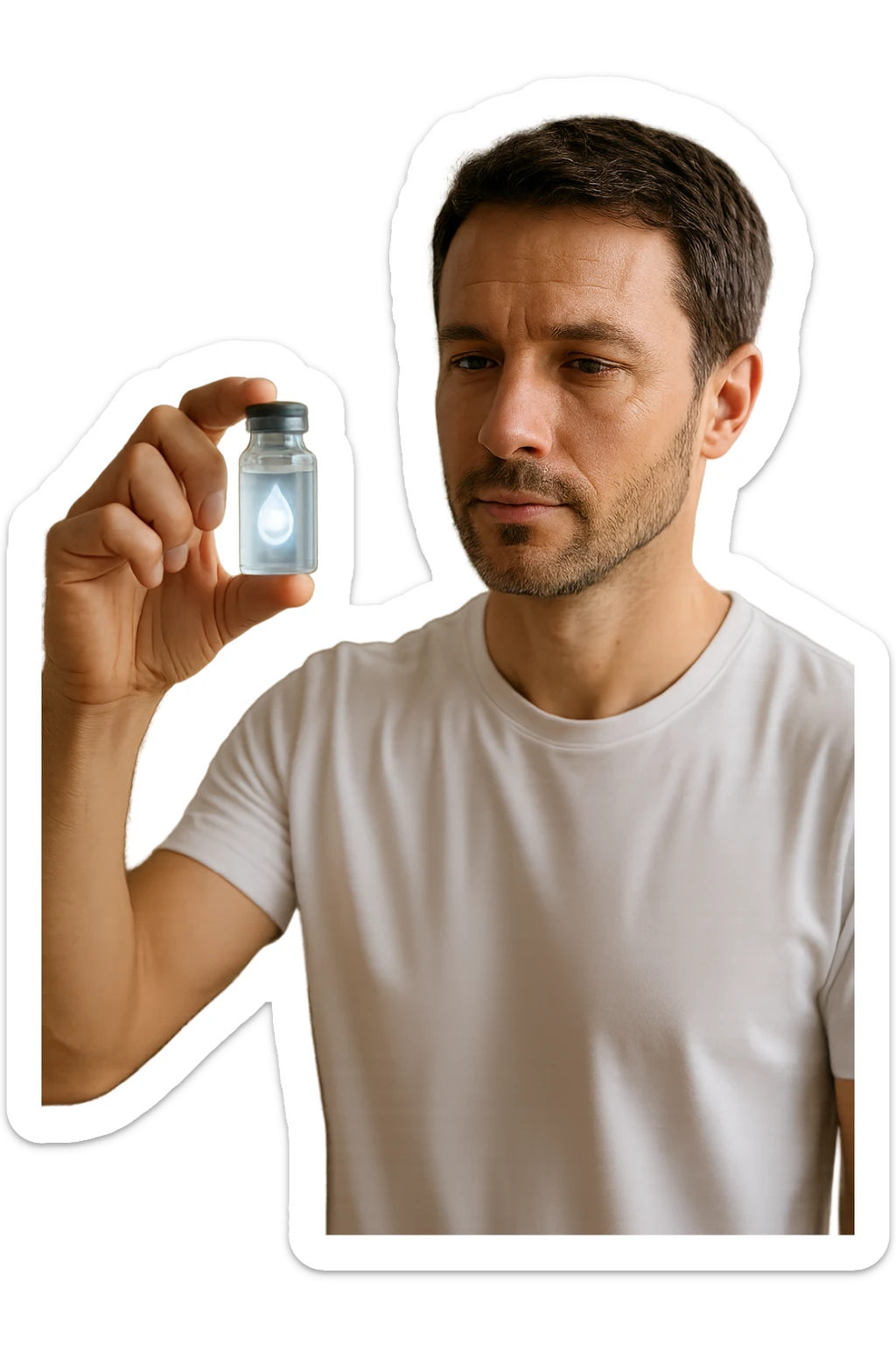 A realistic, high-quality cinematic photo of a health-conscious man in his late 30s holding a small clear glass vial filled with structured, informatized water used in kinesiological treatments. The man is standing in a bright, clean holistic therapy studio with wooden furniture and plants, looking at the vial with a focused, hopeful expression. The vial has a minimalist label with a water droplet symbol, glowing softly to symbolize its informational energy properties. The atmosphere is calm, professional, and filled with natural light, conveying the holistic, gentle yet advanced nature of kinesiological practices sticker