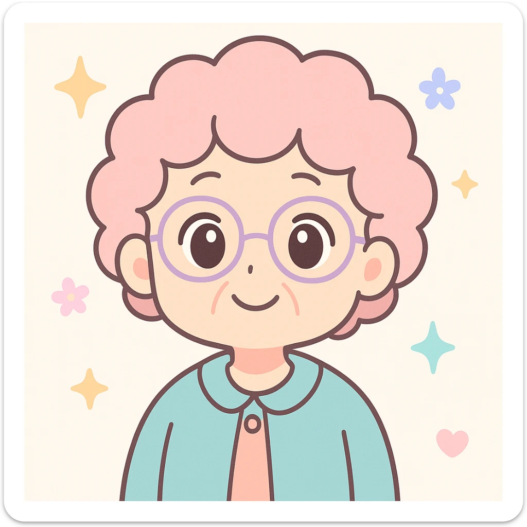 anime style senior woman with glasses, curly hair, warm smile sticker