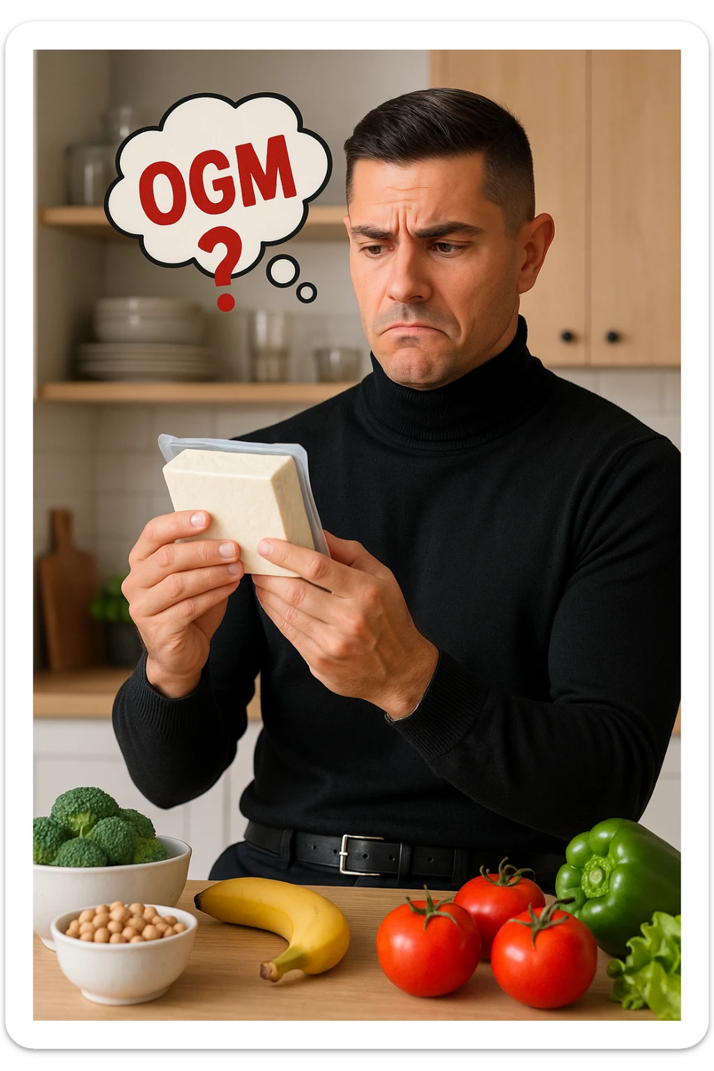 un uomo in cucina tiene in mano una confezione di soia o tofu, osservandola con un’espressione scettica e preoccupata. Sopra la confezione, una nuvoletta di pensiero mostra la scritta “OGM” evidenziata in rosso, accompagnata da un simbolo di allarme o un punto interrogativo. Sullo sfondo, altri alimenti naturali sono visibili sul tavolo, sottolineando la sua preferenza per prodotti non OGM. sticker