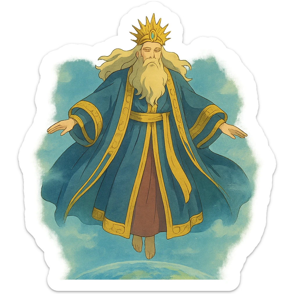 ghibli style godlike man with regal robes, floating above the world, ethereal atmosphere sticker