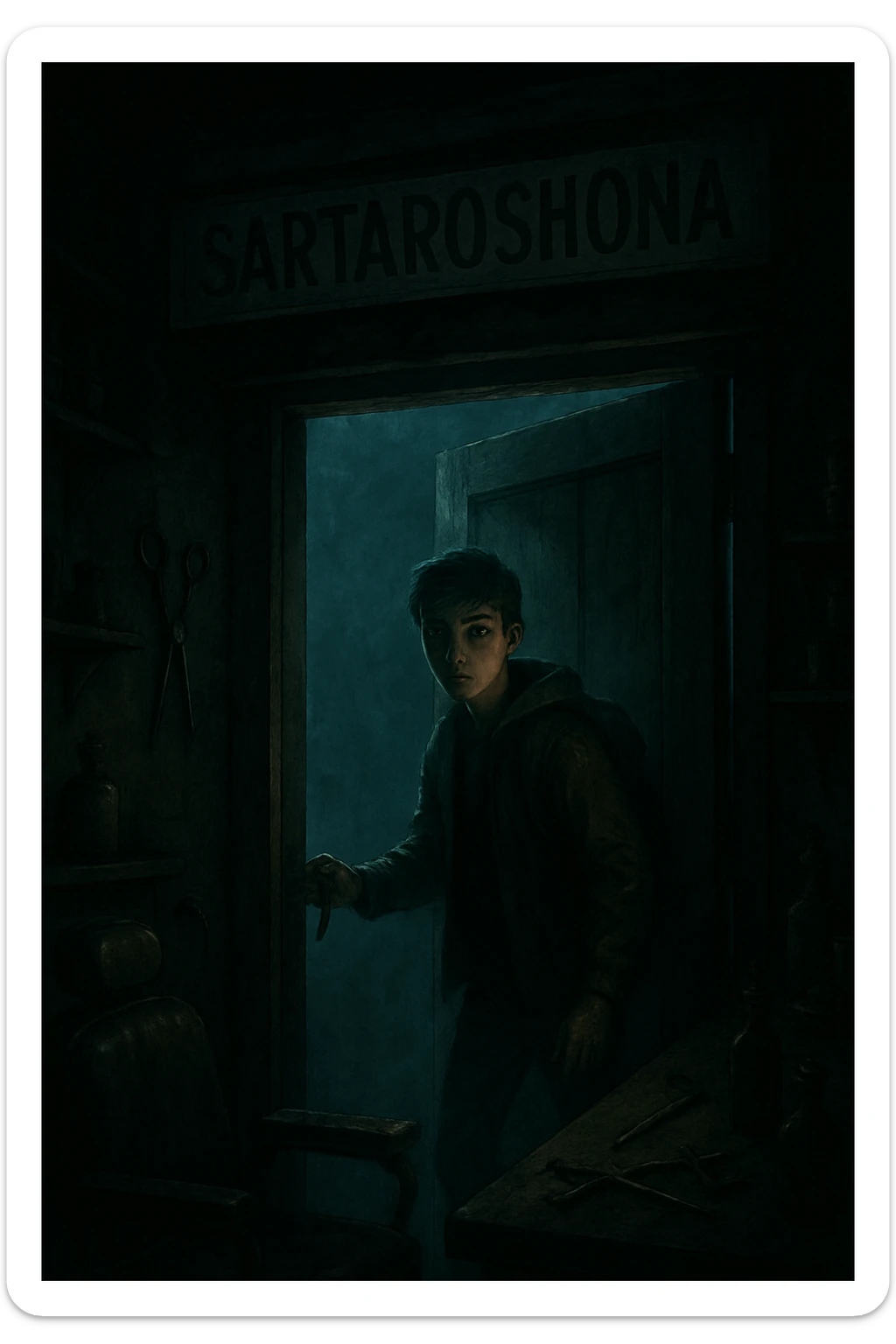 Sartaroshxonaga kirib kelayotgan o'smirin bola u eshikni ochayapti rakurs ichkaridan g'ira shira  sticker