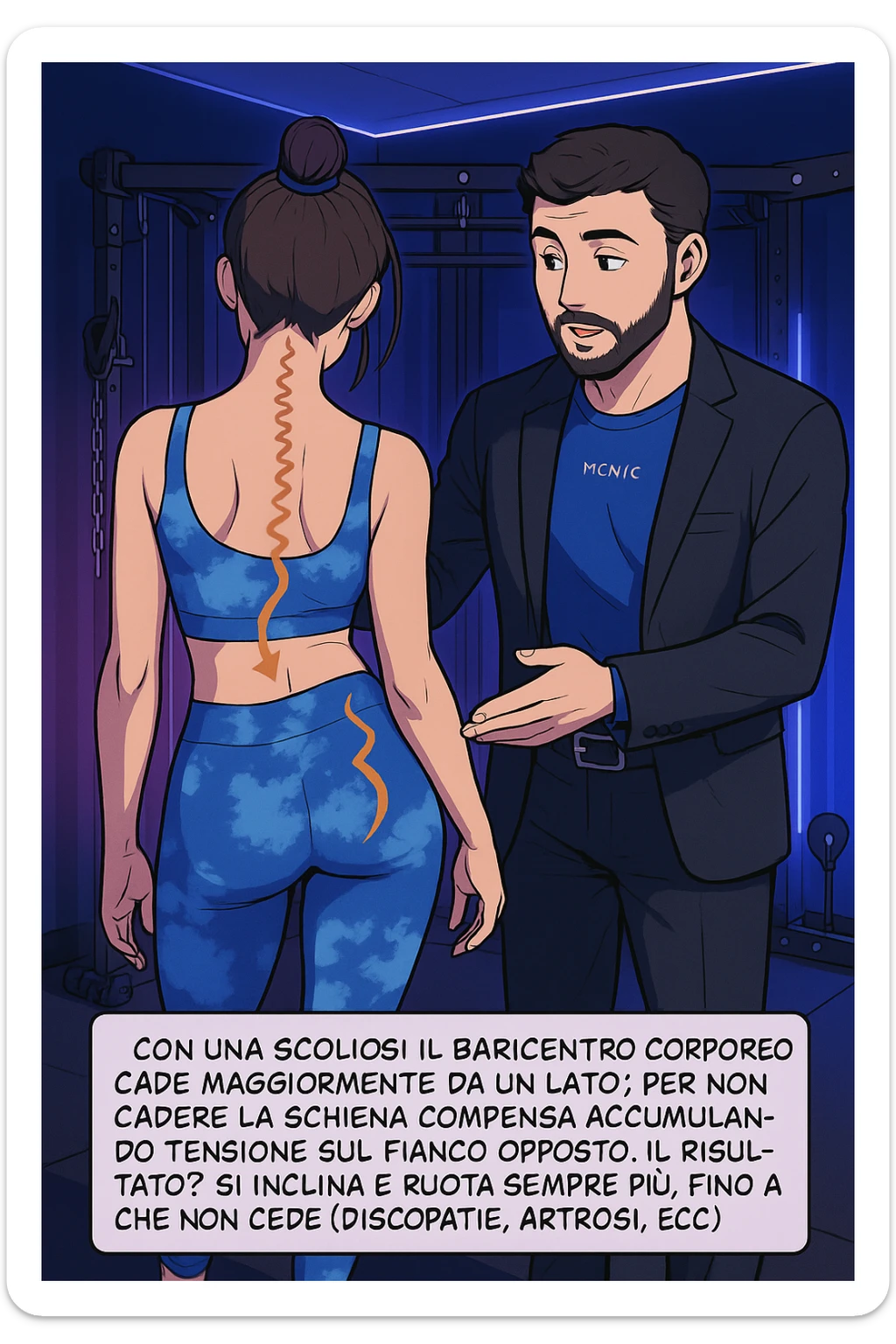 fai questa immagine in versione manga/webtoon a colori, il manga mostra la donna di spalle, mentre l'uomo le tocca la spina dorsale per spiegarle come funziona la scoliosi:
Con una scoliosi il baricentro corporeo cade maggiormente da un lato; per non cadere la schiena compensa accumulando tensione sul fianco opposto.
Il risultato? Si inclina e ruota sempre più, fino a che non cede (discopatie, artrosi, ecc) sticker