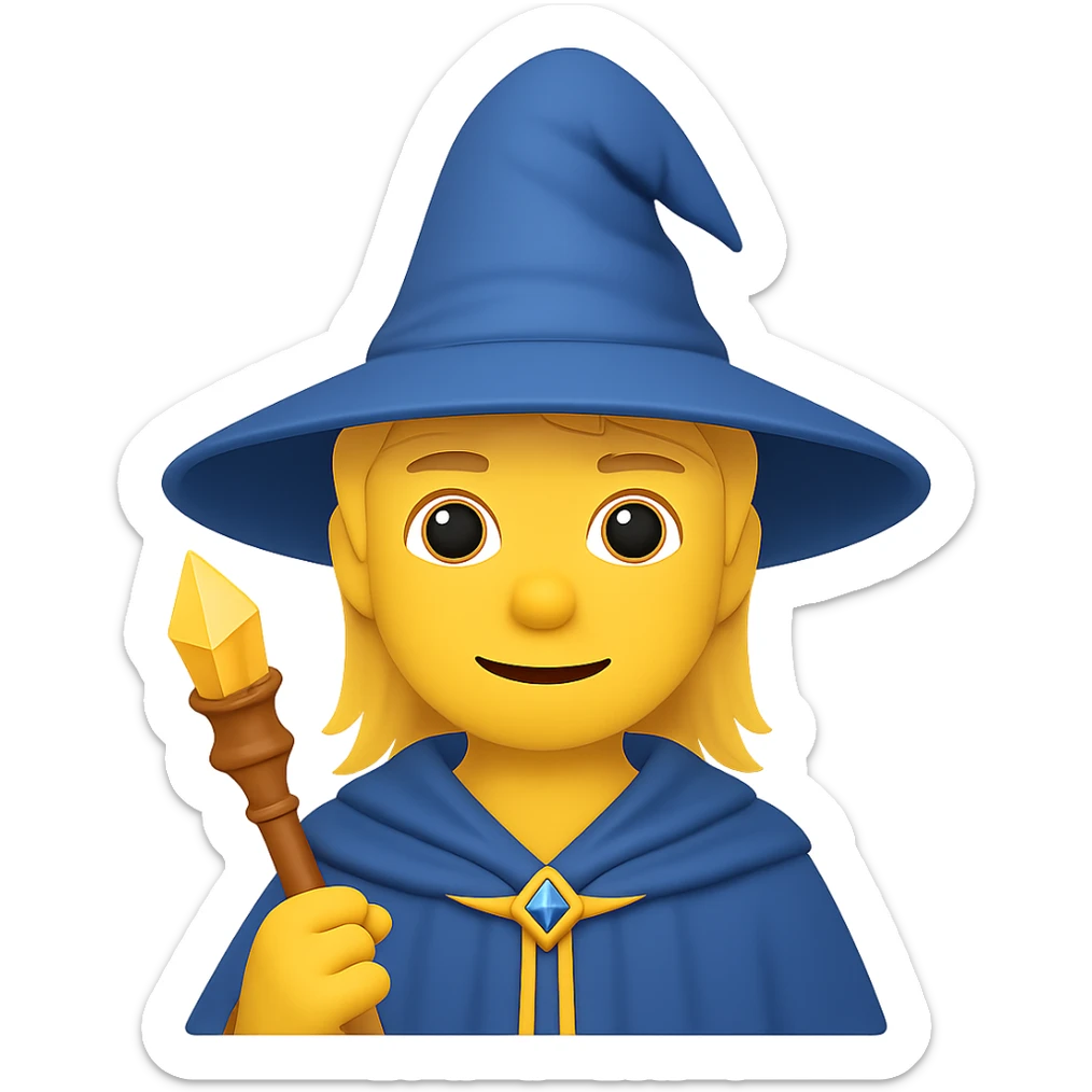 Create an image of a young wizard with yellow skin in the style of apple emojis, no background. sticker