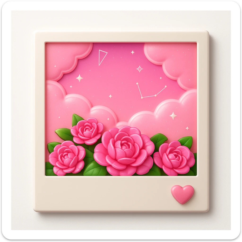 A polaroid picture with pink roses and a pink sky with stars and clouds, in 3D iOS style, with a white background, with more details. sticker