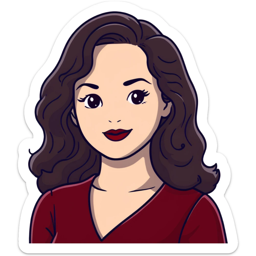 Elegant high-profile woman with glowing fair skin, long dark straight hair with soft waves, large dark eyes with dramatic makeup, defined eyebrows, full red lipstick, wearing wine red velvet dress with V-neckline, glamorous confident smile sticker