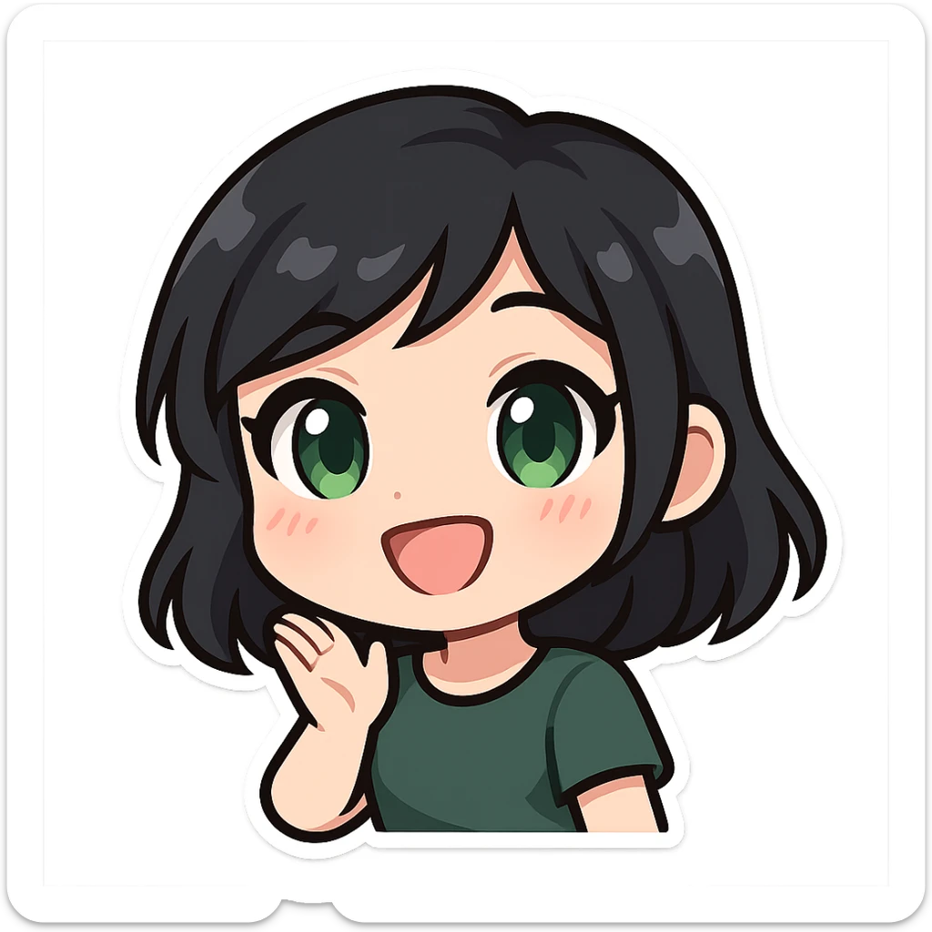 cute girl with black hair and green eyes, smiling, twitch emote style sticker
