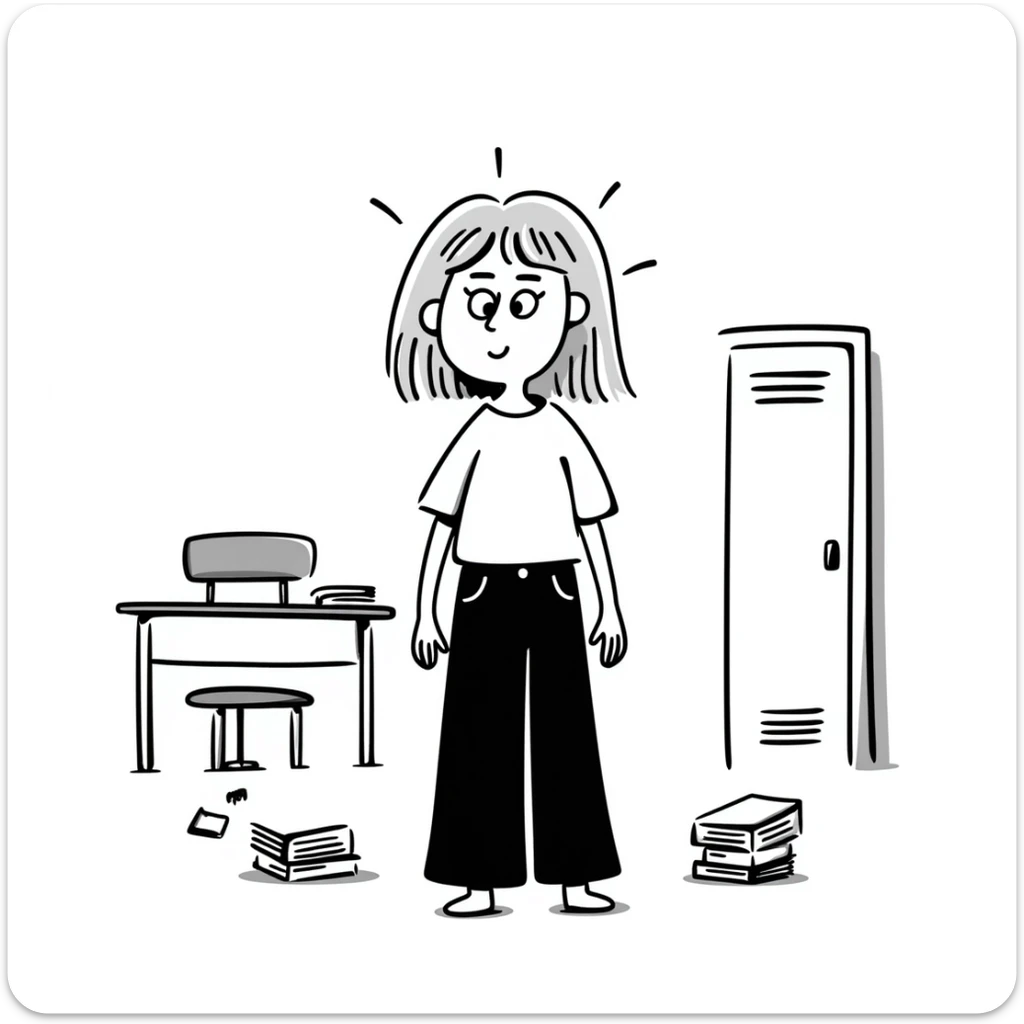 hand drawn doodle style blonde straight-haired girl, frazzled, surrounded by school chaos, survival mode sticker