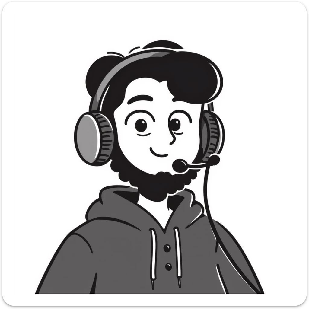 Highly detailed anime-style male character saying "Bonjour!", with styled black hair, expressive brown eyes, defined black beard, wearing detailed gaming headphones, anime art style with line work sticker