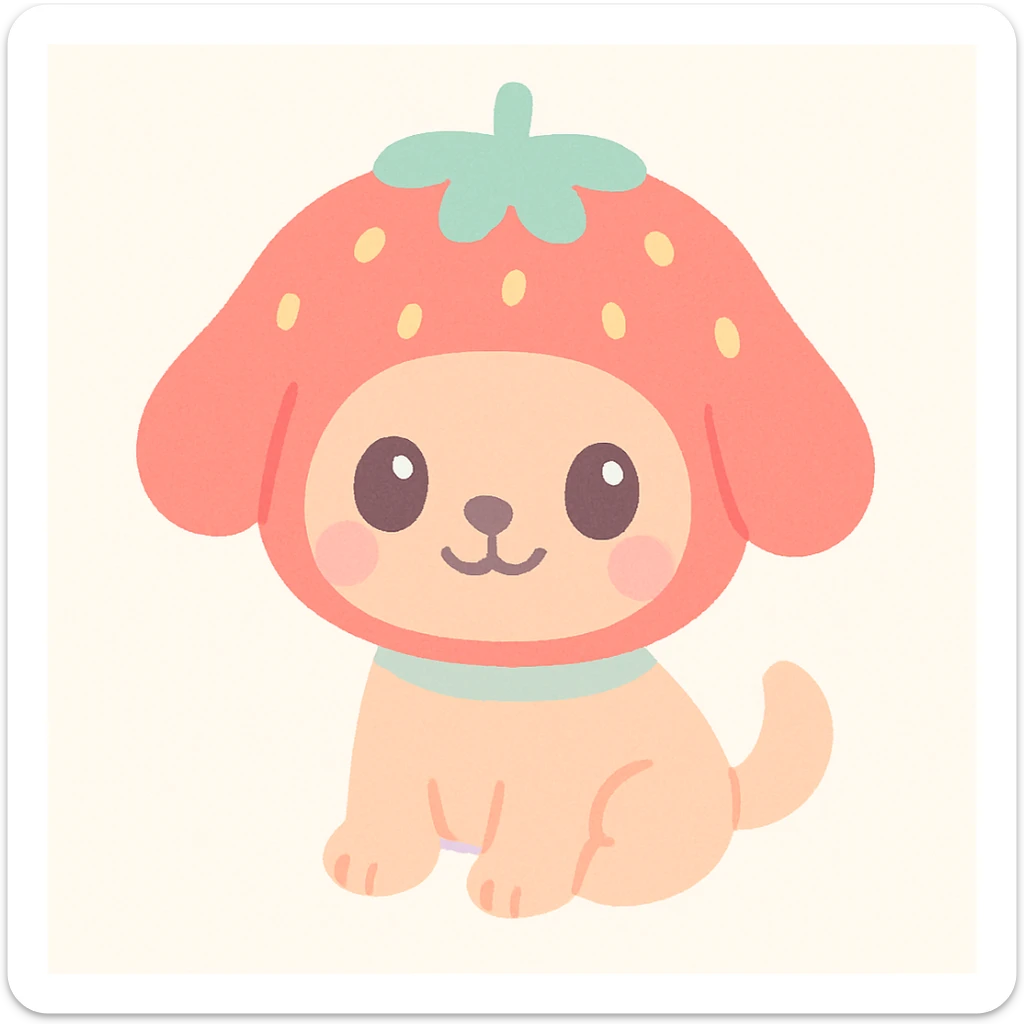 strawberry dog with red fuzzy fur, dog with strawberry-shaped head, cute and playful, kawaii style, simple background sticker