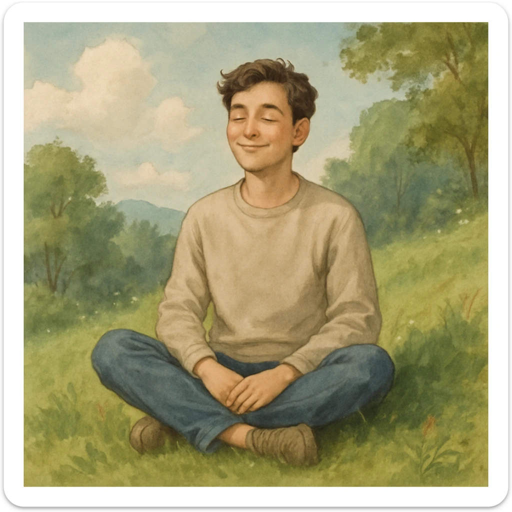 A relaxed person sitting cross-legged on a grassy hill, eyes closed, peaceful smile, surrounded by nature, soft realistic illustration style sticker
