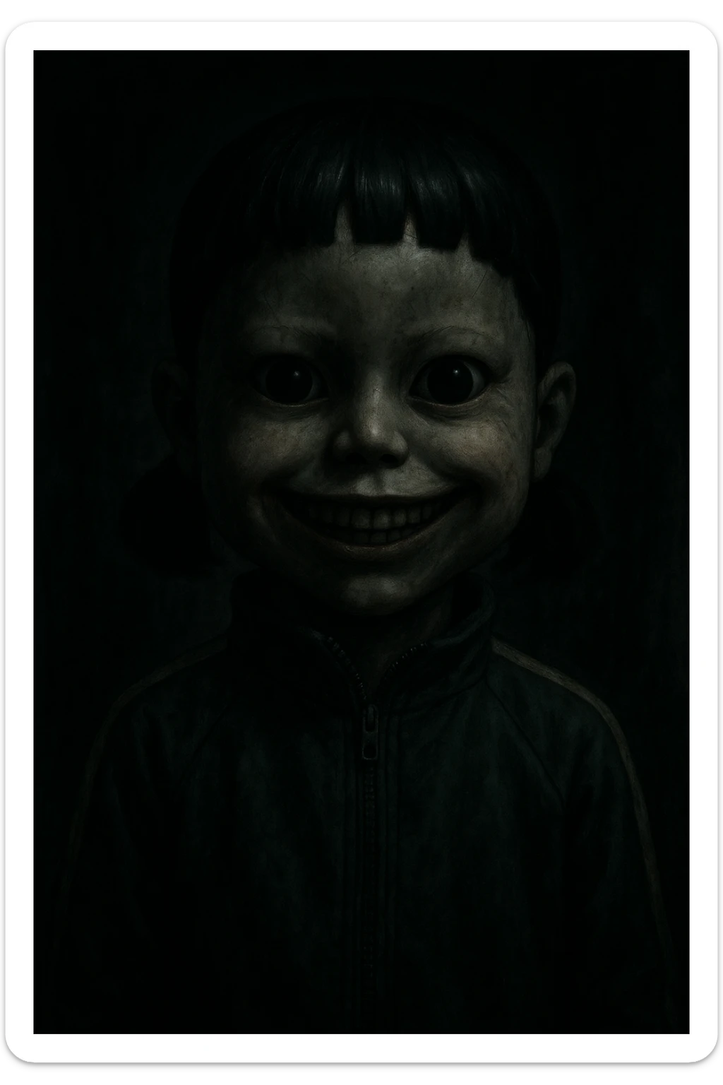 scary boy doll with a wide, unsettling smile, inspired by Squid Game, in a dark, eerie style sticker