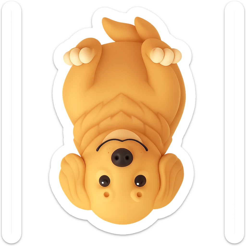 Flip the golden retriever upside down in a 3D emoji style. The original style is 3D emoji but it does not support editing, so use a general style editor while preserving the 3D emoji look and remove the background. sticker