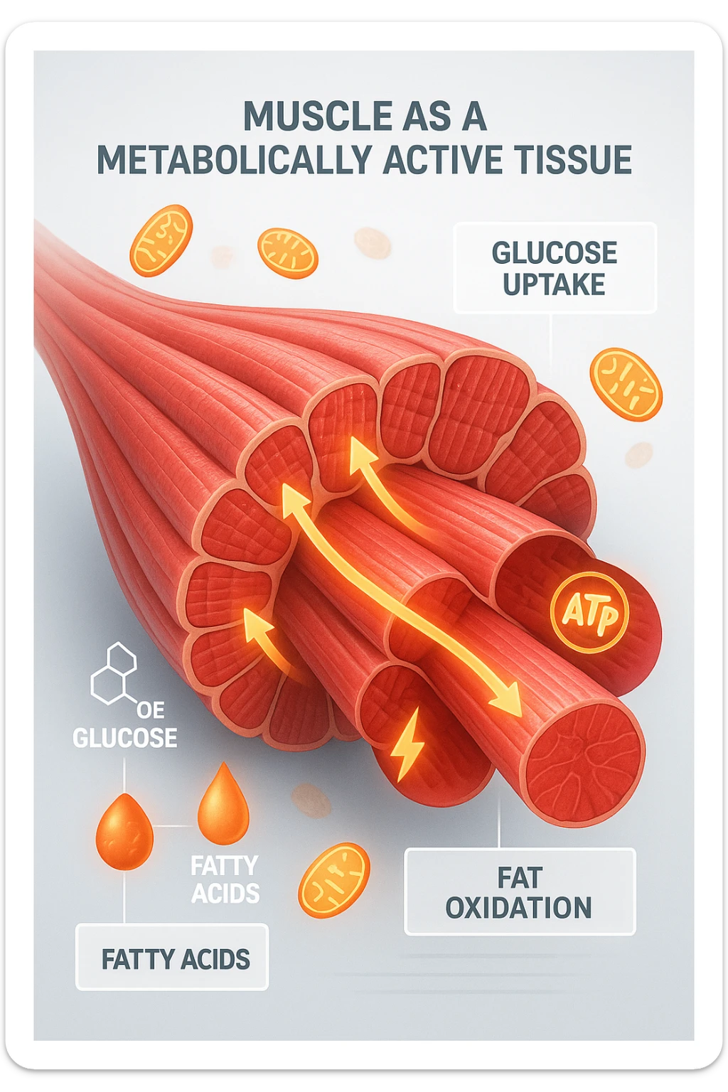 a highly detailed cross-section of human skeletal muscle fibers, shown in vibrant red and pink tones, with visible striations and realistic texture. Glowing arrows and animated icons represent active metabolic processes—such as glucose uptake, fat oxidation, and ATP production—occurring within the muscle tissue. Surrounding the muscle, floating symbols for mitochondria and energy highlight its metabolic activity. The background is clean and clinical, with subtle labels and infographics explaining that muscle is a metabolically active tissue. The overall style is modern, scientific, and visually engaging, suitable for educational or medical use. sticker