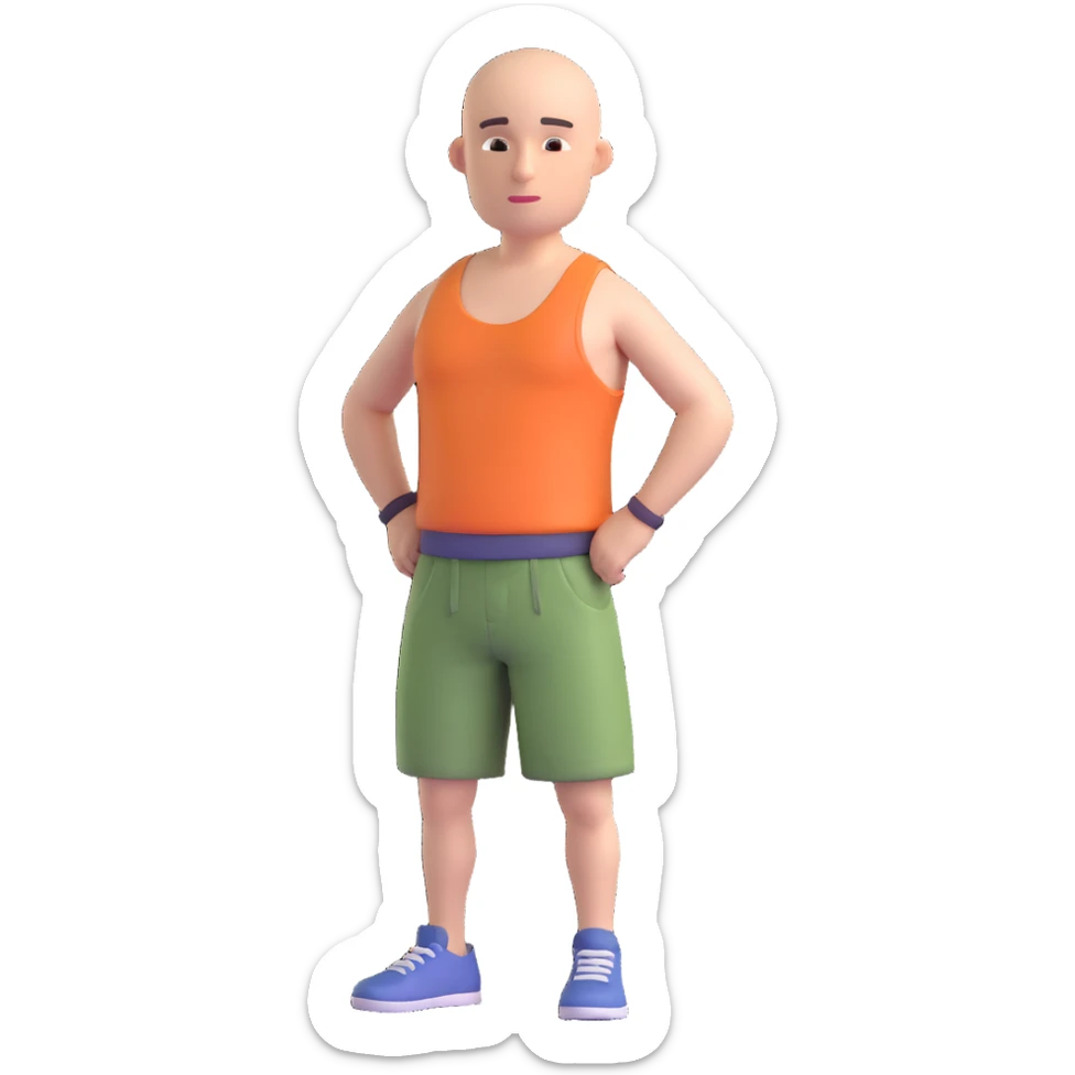 Remove all hair from the character, leaving a bald head. Keep the rest of the body, face, and clothing (shorts and tank top) unchanged. Maintain the same 3D style, pose, and transparent background. sticker