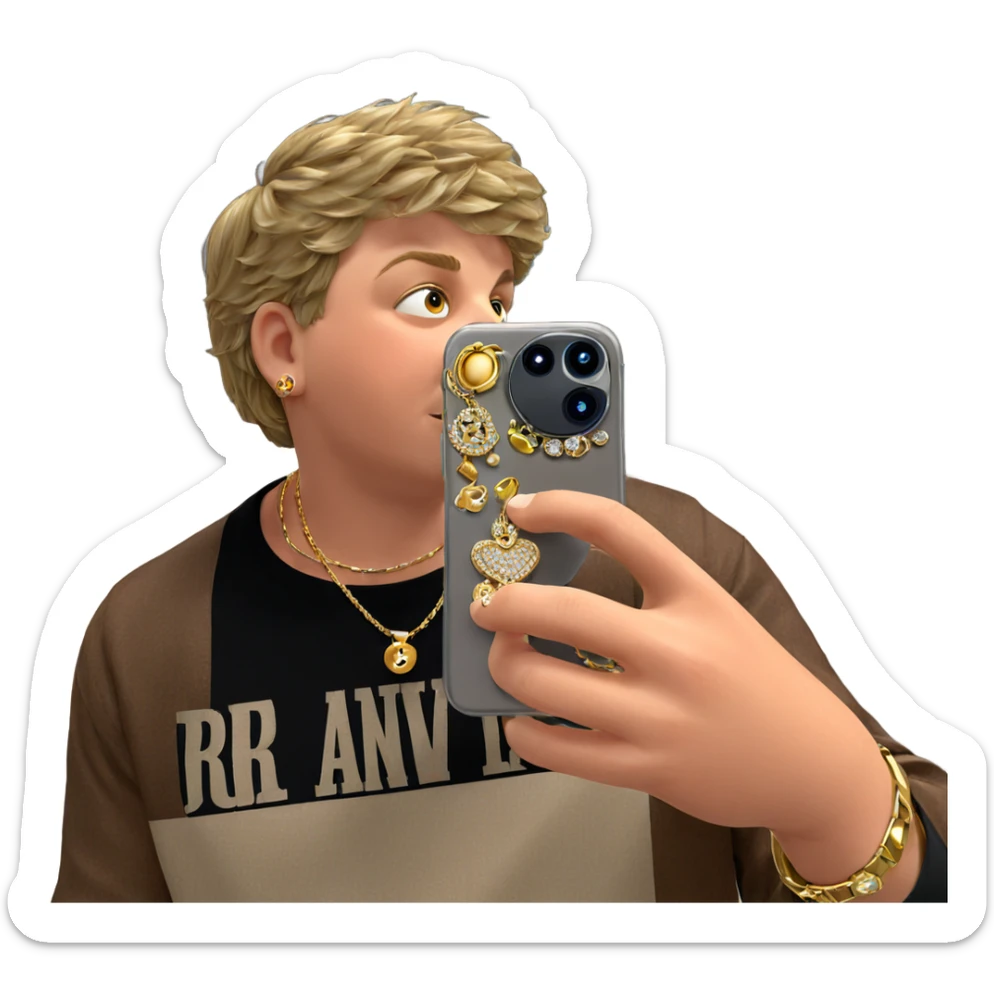 boy taking selfie with jewelry sticker