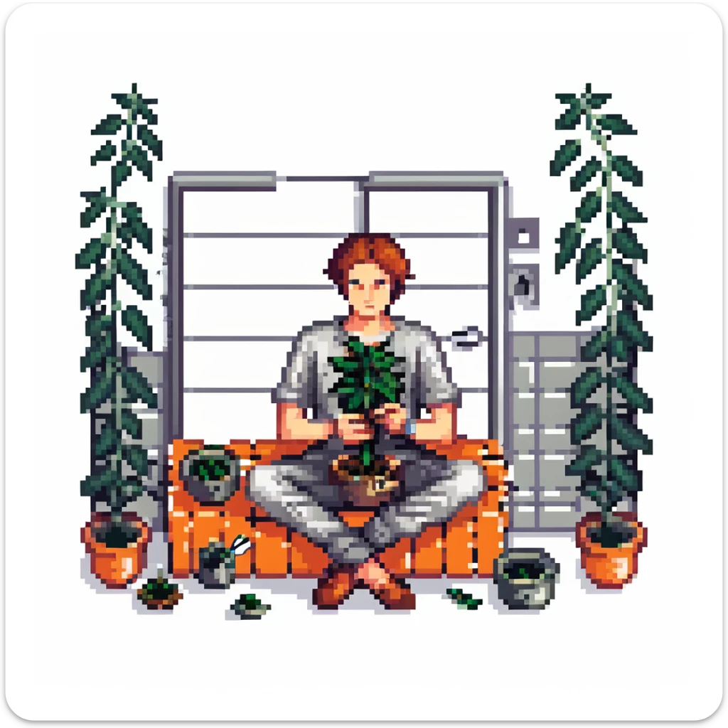 Pixel art depiction of a man in a jail cell, sitting and trimming cannabis with scissors, surrounded by cannabis leaves. sticker