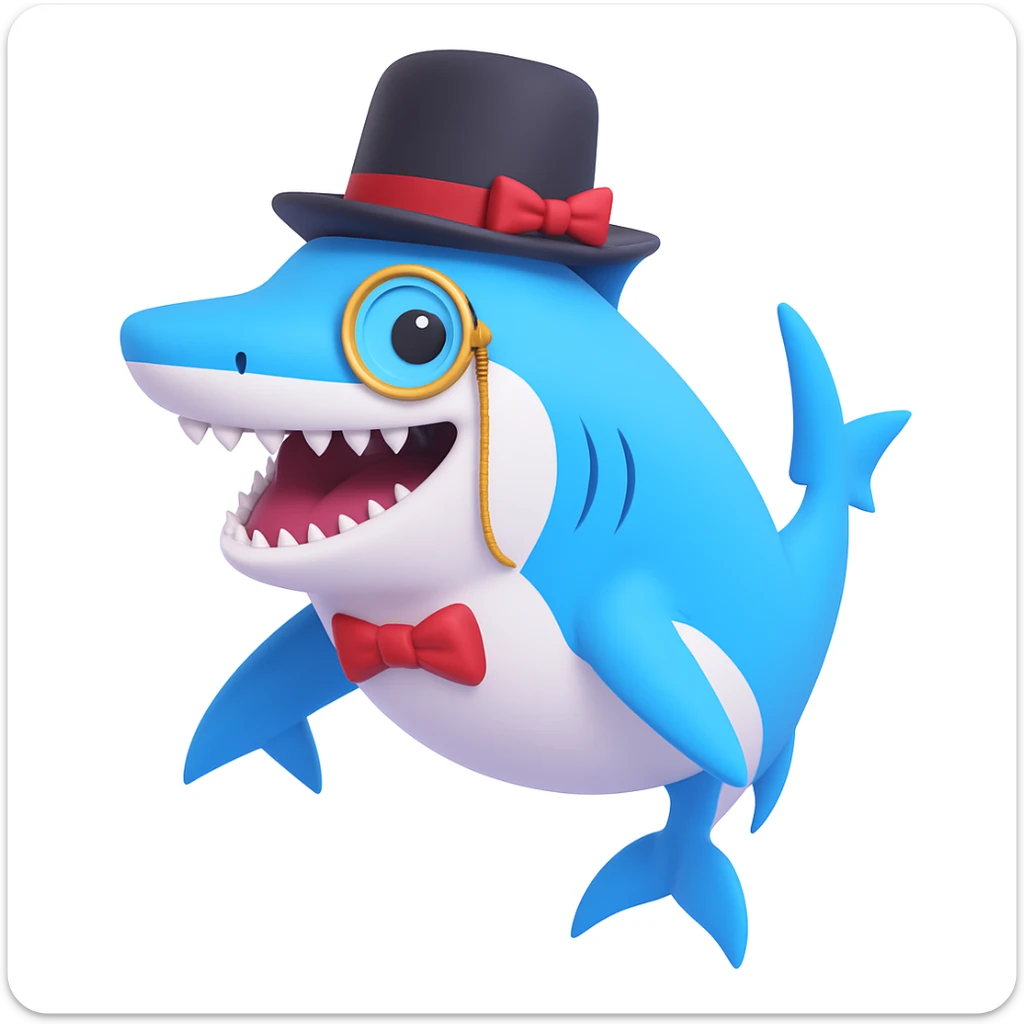 Add a monocle to the shark with a top hat, keeping the 3D emoji style look. sticker