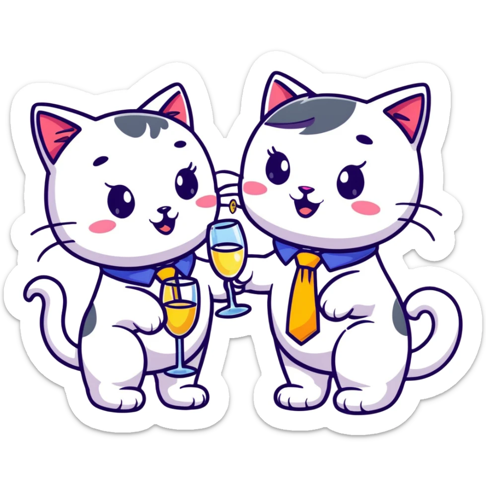 happy girl cat with eyelashes wearing a colorful necktie and happy boy cat wearing a professional necktie clinking champagne glasses together in celebration, both with cheerful expressions sticker