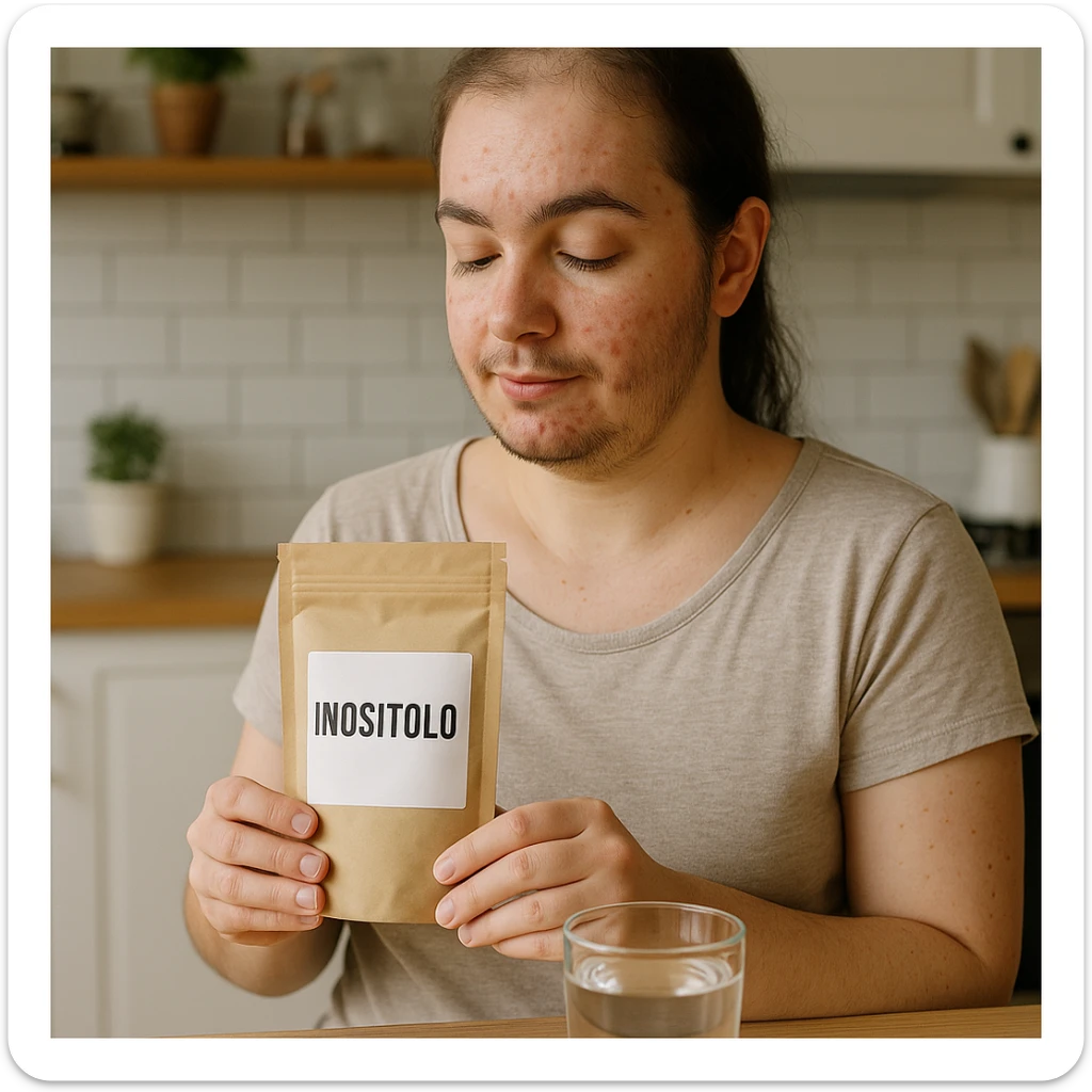 Lifestyle photograph of a woman with PCOS in a kitchen holding a package with the label 'Inositolo' clearly readable near a glass of water. She has acne and facial hair, thin hair, and a serene expression with natural light. sticker