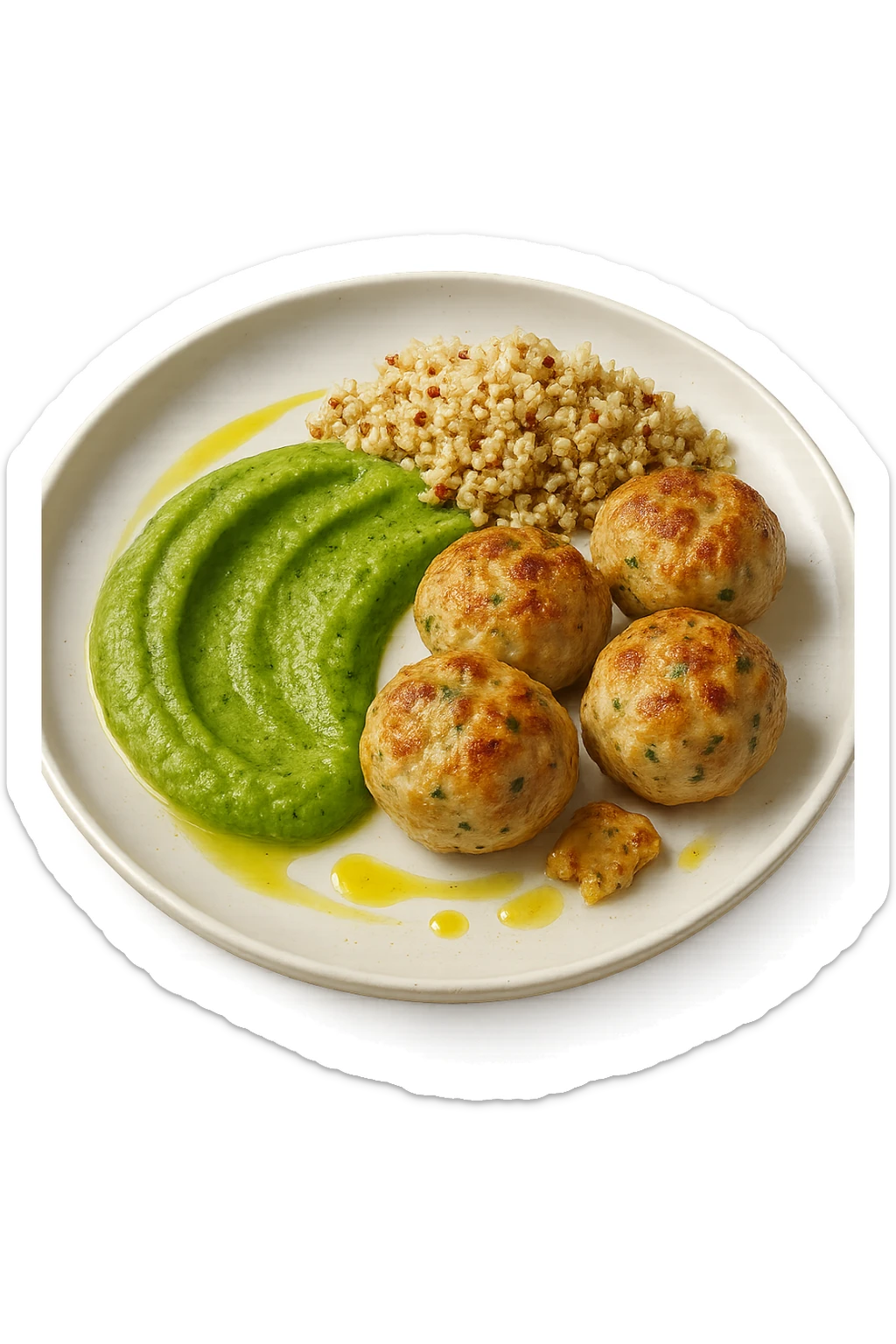 polpette di tacchino, purè di zucchine, quinoa e olio di oliva, iperrealistico 4k sticker