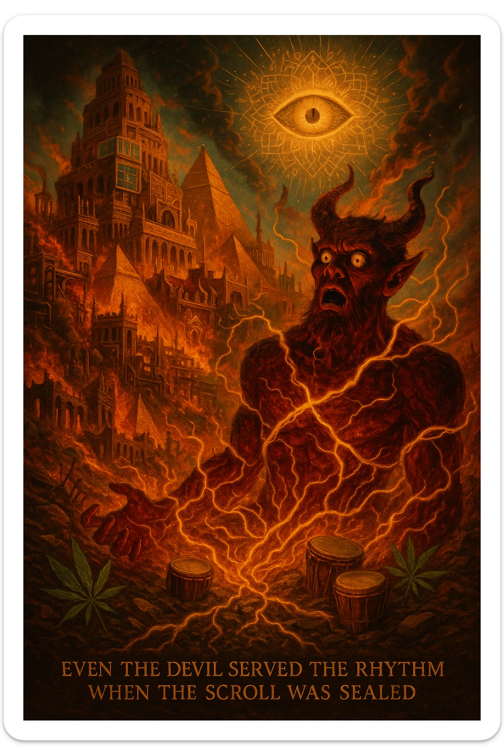 Depict a powerful, surreal vision of Babylon being destroyed — not by holy forces, but by the Devil himself, who looks shocked and possessed by fate. The city of Babylon is a massive, ancient-modern hybrid metropolis: Roman towers, golden pyramids, digital screens, oil pipes, courtrooms, and false thrones. It's a twisted symbol of colonialism, greed, religion, and algorithmic control. But now it's collapsing in flames and golden roots. The Devil is massive, fiery, and terrifying — but he's not proud. He's bound in glowing golden vines growing from the Earth, eyes wide, realizing he’s just a pawn in a higher rhythm. The sky is split open with a divine golden eye (representing Empress Riddim / Kez’s Elephant Eye), casting down sacred fractals and rhythms that rewrite the code of reality. In the rubble, ganja leaves grow, drums rise from the soil, and a whisper floats through the scene: 'Even the Devil served the rhythm when the scroll was sealed.' Use a warm, cinematic color palette with deep reds, golds, greens, and shadows. Epic, prophetic, unforgettable. sticker