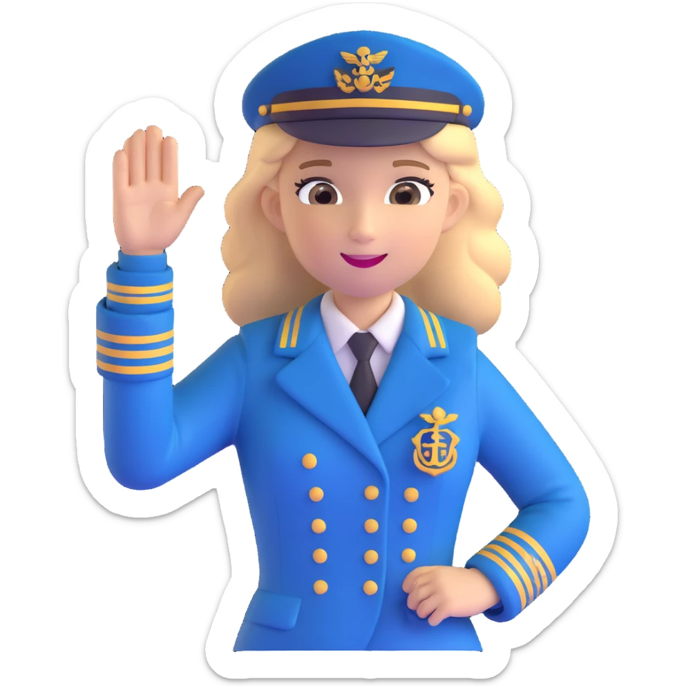 girl with dirty blonde ponytail, cruise captain uniform, waving at the camera sticker